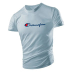 Light blue t-shirt with Champion logo on a white background