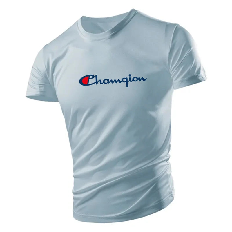 Light blue t-shirt with Champion logo on a white background