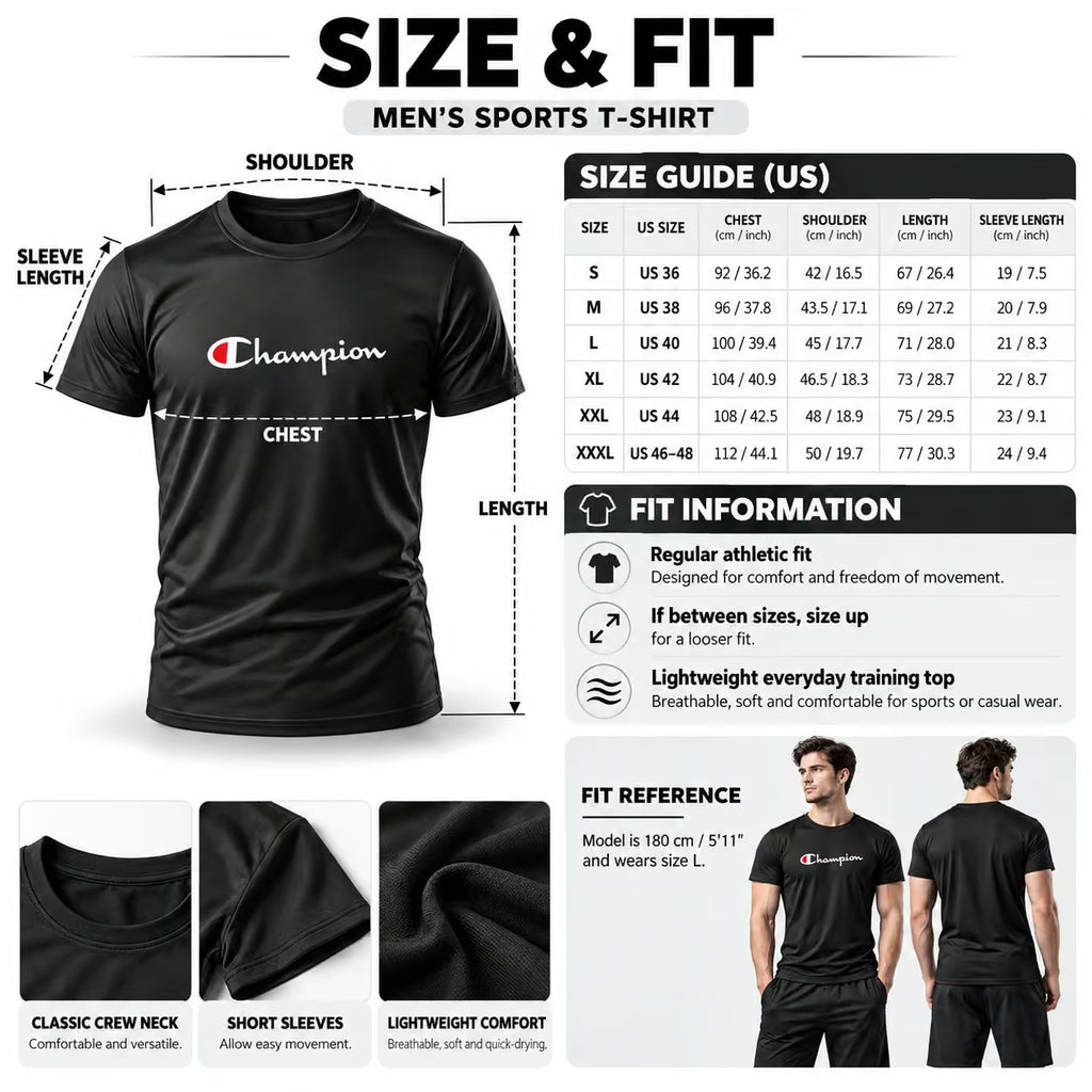 Size & Fit infographic for Champion men's sports t-shirts, showing a black crew-neck t-shirt with a white Champion logo, a size guide table, fit information, and three model views on a white background.