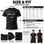 Size & Fit infographic for Champion men's sports t-shirts, showing a black crew-neck t-shirt with a white Champion logo, a size guide table, fit information, and three model views on a white background.