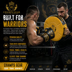 Two male fighters in a gym setting, one holding a yellow and black Champs Gear training pad and the other wearing black branded gloves. The image is a promotional graphic for Champs Gear with text overlays highlighting product features and brand values.