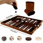 Backgammon set with pieces, dice, and cup on a white background