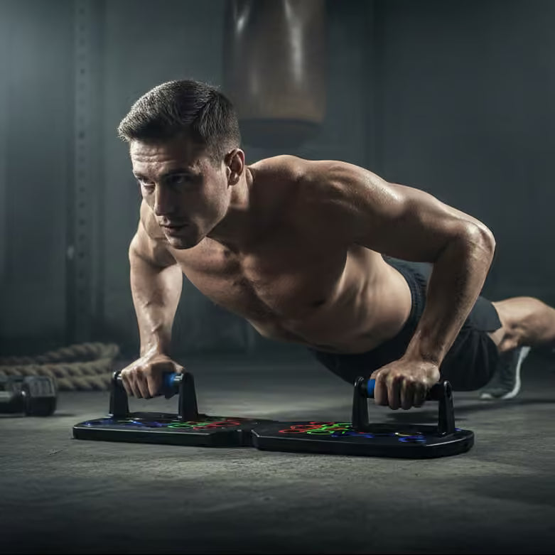 A shirtless man performing push-ups on a black adjustable push-up pad in a dark gym setting.