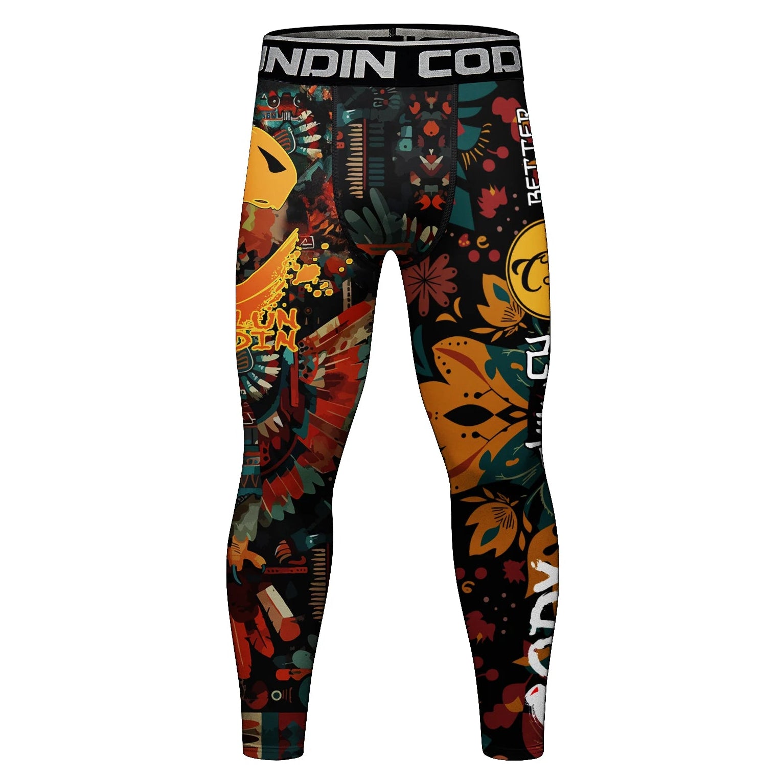 Colorful patterned leggings with brand logo on a white background