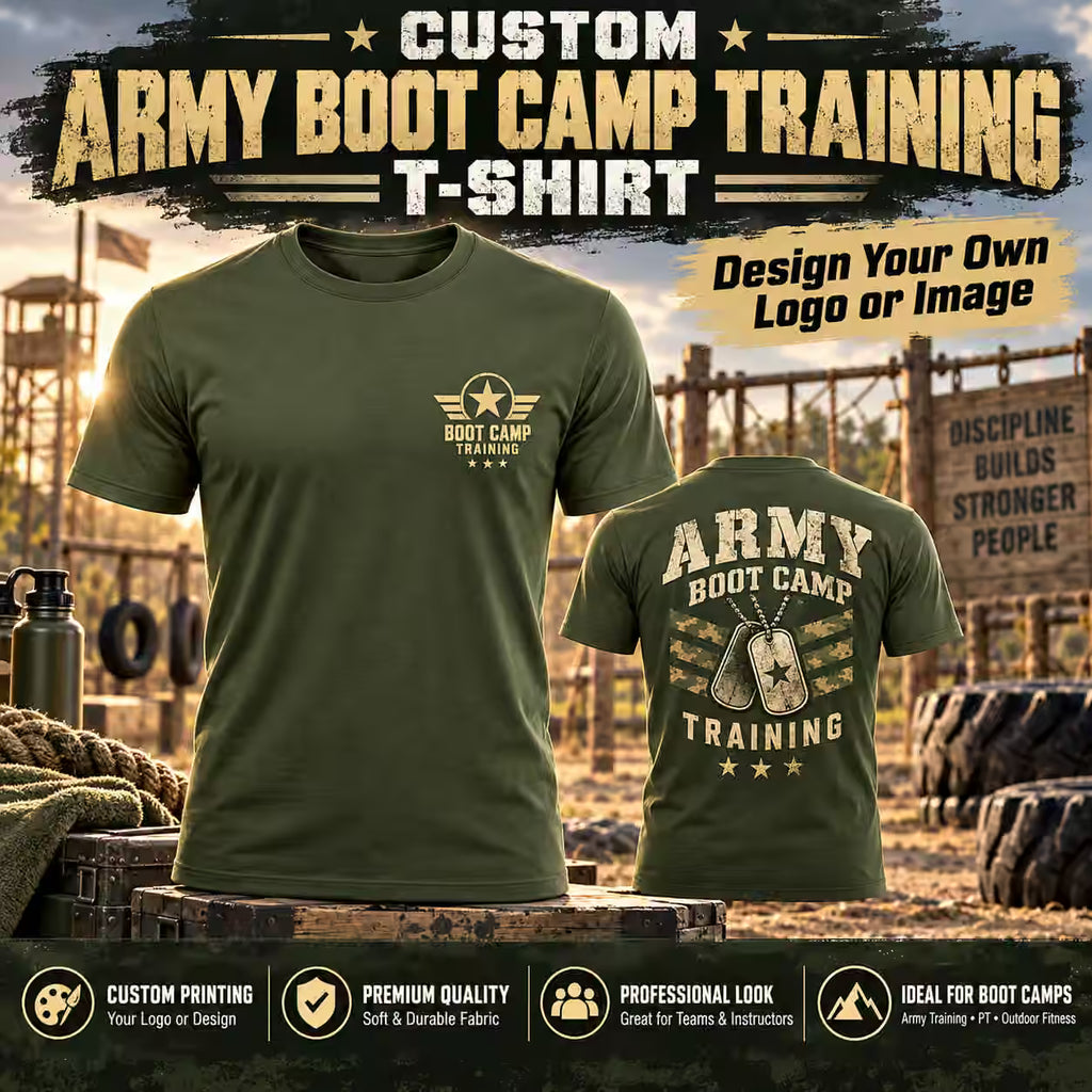 Custom army boot camp training t-shirt shown in front and back views on a military base backdrop. The t-shirt is olive green with a distressed tan and black graphic print.