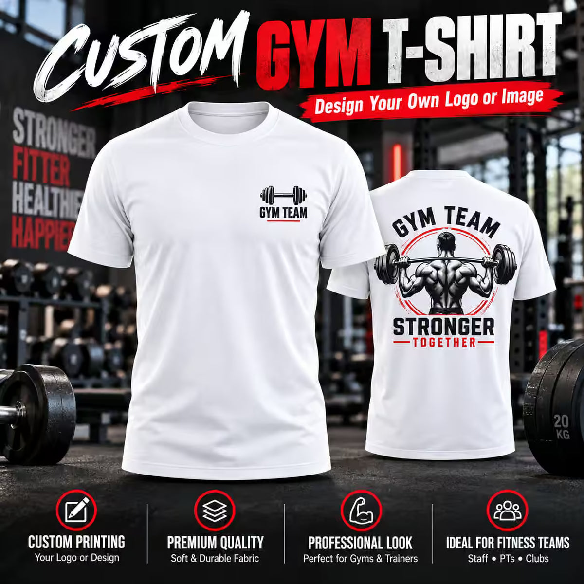 Custom white gym t-shirt mockup shown front and back on a dark gym background. The front features a small black 'GYM TEAM' logo with a dumbbell graphic, and the back features a larger graphic of a weightlifter with 'GYM TEAM STRONGER TOGETHER' inside a red circle.