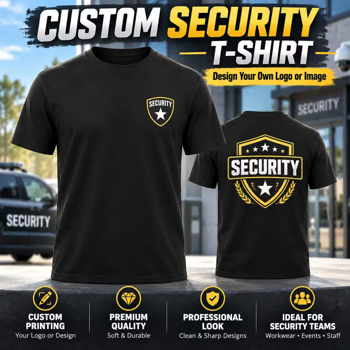 Two black custom security T-shirts shown in front and back views, with a large yellow and white 'CUSTOM SECURITY T-ShIRT' banner at the top and feature icons along the bottom. The shirts display a yellow and white 'SECURITY' shield graphic.