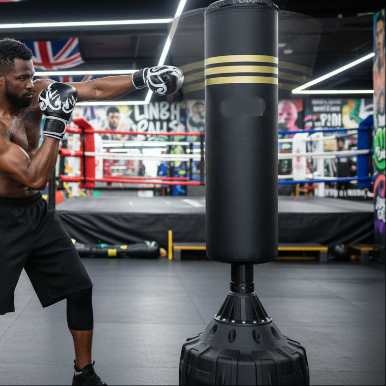 Boxer training with a punching bag in a boxing ring.