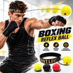 A man in boxing gloves and a headband demonstrates a boxing reflex ball exercise device, with multiple yellow, black, and red reflex balls shown and text highlighting benefits like train reflexes, improve speed, and enhance coordination.