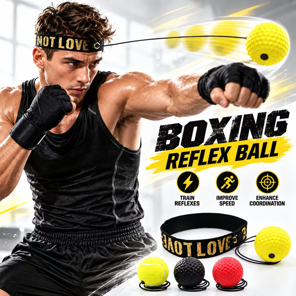 A man in boxing gloves and a headband demonstrates a boxing reflex ball exercise device, with multiple yellow, black, and red reflex balls shown and text highlighting benefits like train reflexes, improve speed, and enhance coordination.