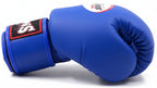 Blue boxing glove with a brand logo on a white background