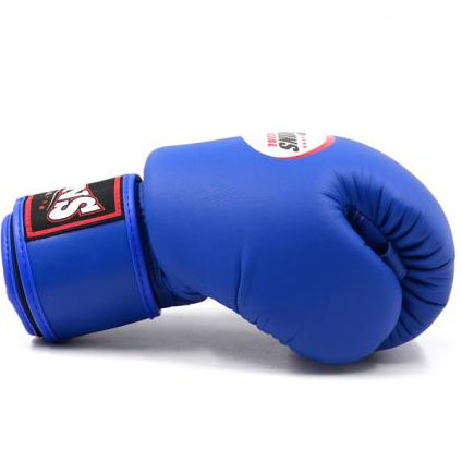 Blue boxing glove with a brand logo on a white background