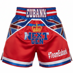Red and blue boxing shorts with British flag design and 'Eubank' branding.