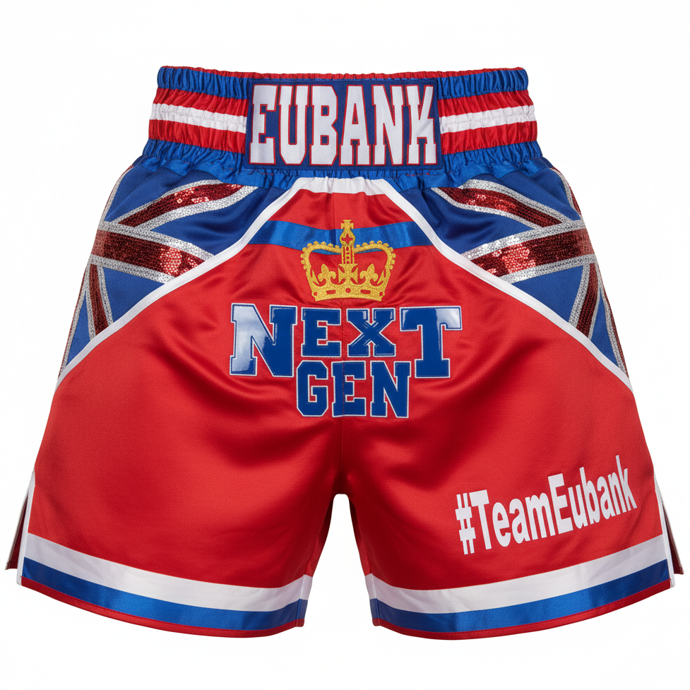 Red and blue boxing shorts with British flag design and 'Eubank' branding.