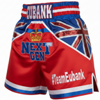Boxing shorts with Union Jack design and 'Eubank' branding on a white background 