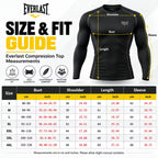 Everlast compression top size and fit guide chart with a black long-sleeve athletic shirt shown on the right, labeled with shoulder, bust, length, and sleeve measurement lines, plus a size table on the left.