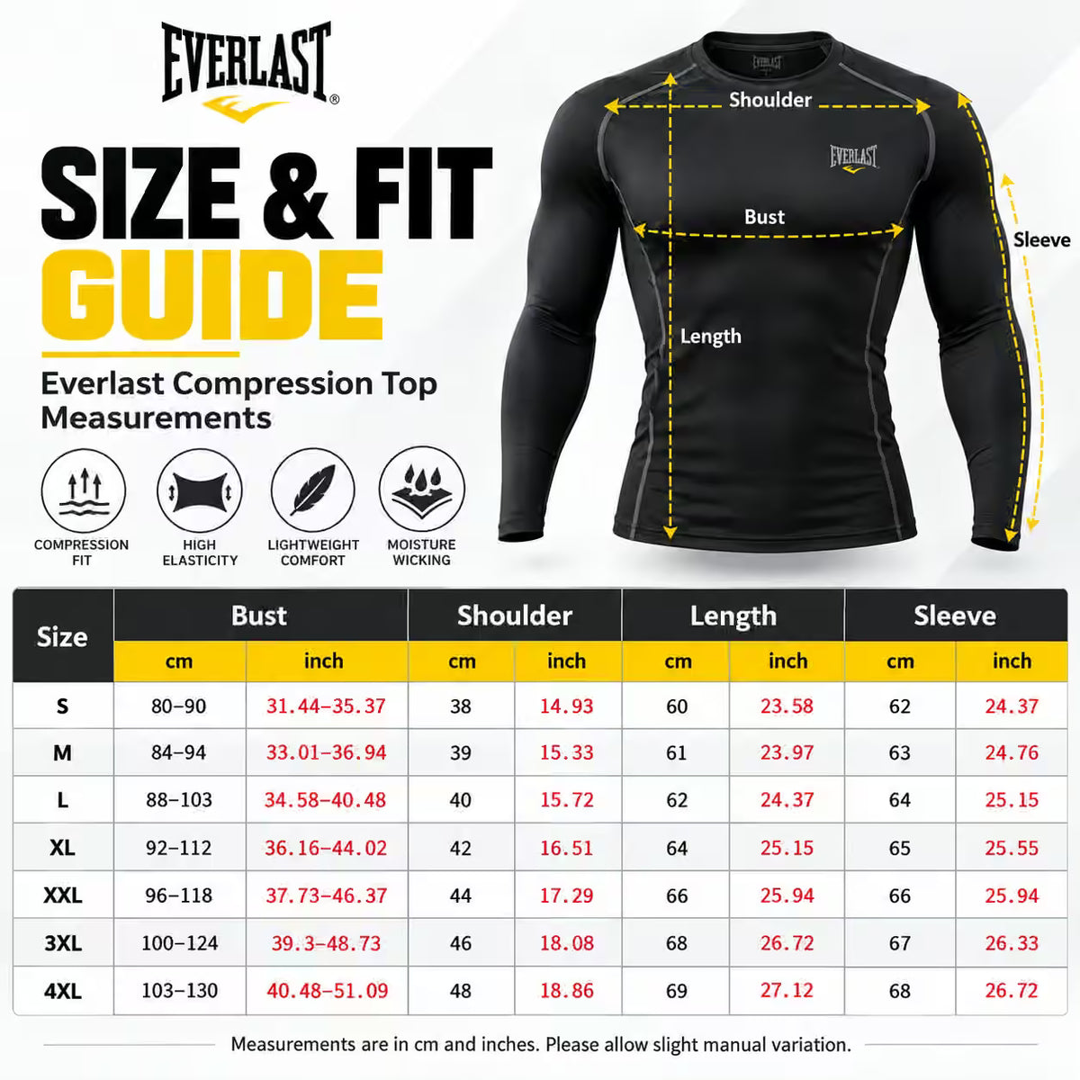 Everlast compression top size and fit guide chart with a black long-sleeve athletic shirt shown on the right, labeled with shoulder, bust, length, and sleeve measurement lines, plus a size table on the left.