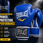 Blue boxing gloves with Everlast branding on a dark background