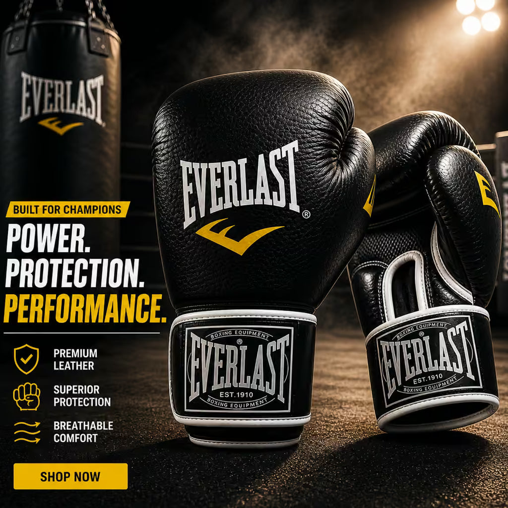 Everlast boxing gloves with promotional text on a dark background