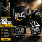 Everlast boxing gloves with promotional text on a dark background