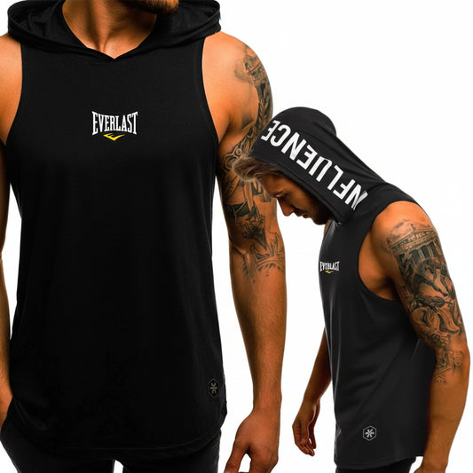 Two men wearing black sleeveless hoodies with 'Everlast' branding on a white background.