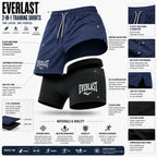 A product infographic for Everlast 2-in-1 training shorts, showing the shorts in navy blue and black with detailed feature callouts, fabric close-ups, and text highlighting materials, comfort, and performance.