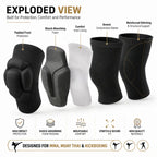 Four protective knee pads shown on a white background with callout labels and feature icons. The image includes text such as 'EXPLODED VIEW,' 'Built for Protection, Comfort and Performance,' and feature points like padded front, shock-absorbing foam, comfort inner lining, stretch compression sleeve, and reinforced stitching.