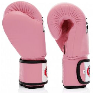 Pair of pink boxing gloves with black accents on a white background