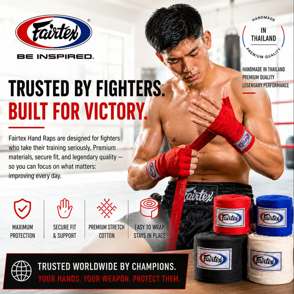 Promotional graphic for Fairtex hand wraps featuring a shirtless fighter wrapping his hands in red Fairtex wraps inside a boxing ring. Multiple color options (red, blue, black, white) are displayed at the bottom, with text highlighting features like 'Handmade in Thailand' and 'Trusted by Fighters.