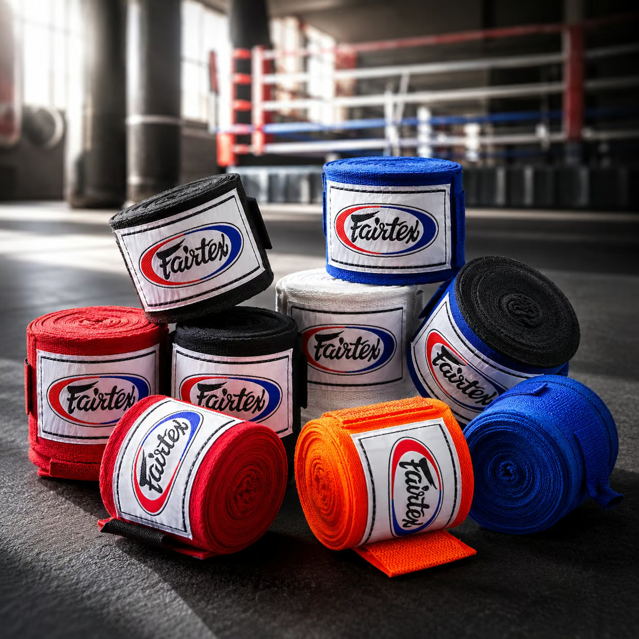 A group of Fairter hand wraps in multiple colors including blue, red, orange, black, and white, arranged on a dark gym floor with a blurred boxing ring in the background.