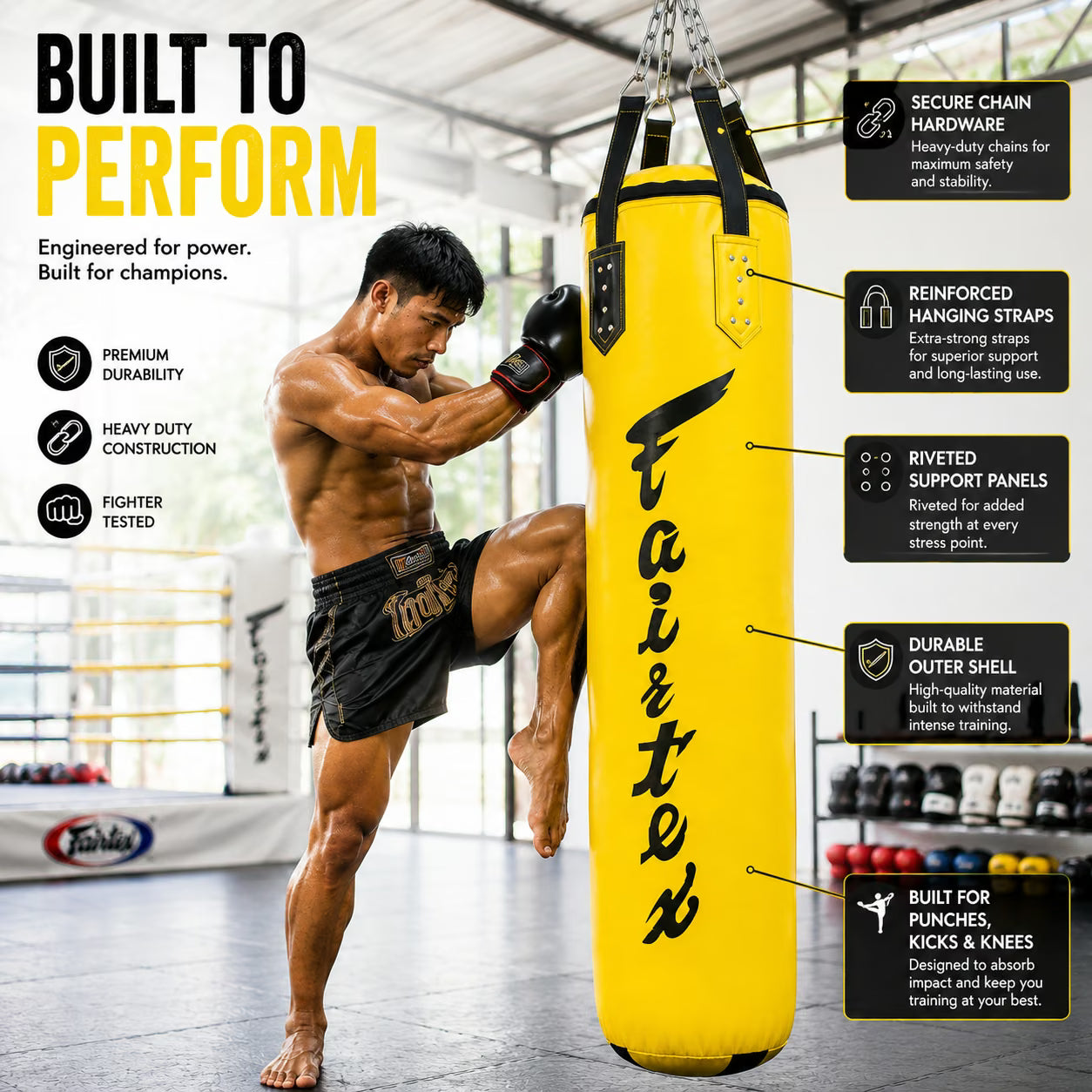 Man kicking a yellow punching bag with Fai'tex branding in a gym setting.