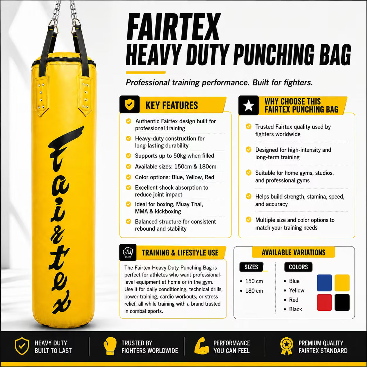 Fairtex Boxing Punching Bag 150cm & 180cm | Heavy Duty-Up to 50kg