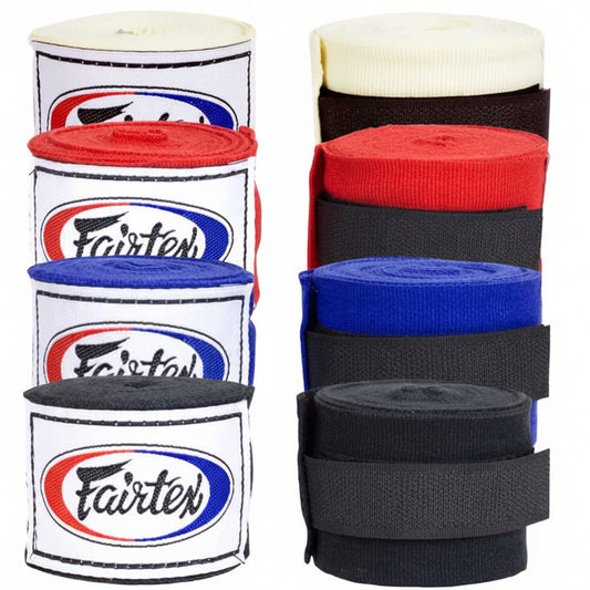 Set of Fairtex hand wraps in red, blue, black, and white packaging.