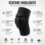 Feature highlights infographic for a black protective knee pad, showing a central knee pad illustration with six callouts describing padded front protection, shock-absorbing padding, stretch compression fit, breathable comfort, reinforced stitching, and flexible movement. Small sport icons along the bottom indicate use cases including MMA, Muay Thai, K1 Kickboxing, clinch training, knee drills, and grappling.