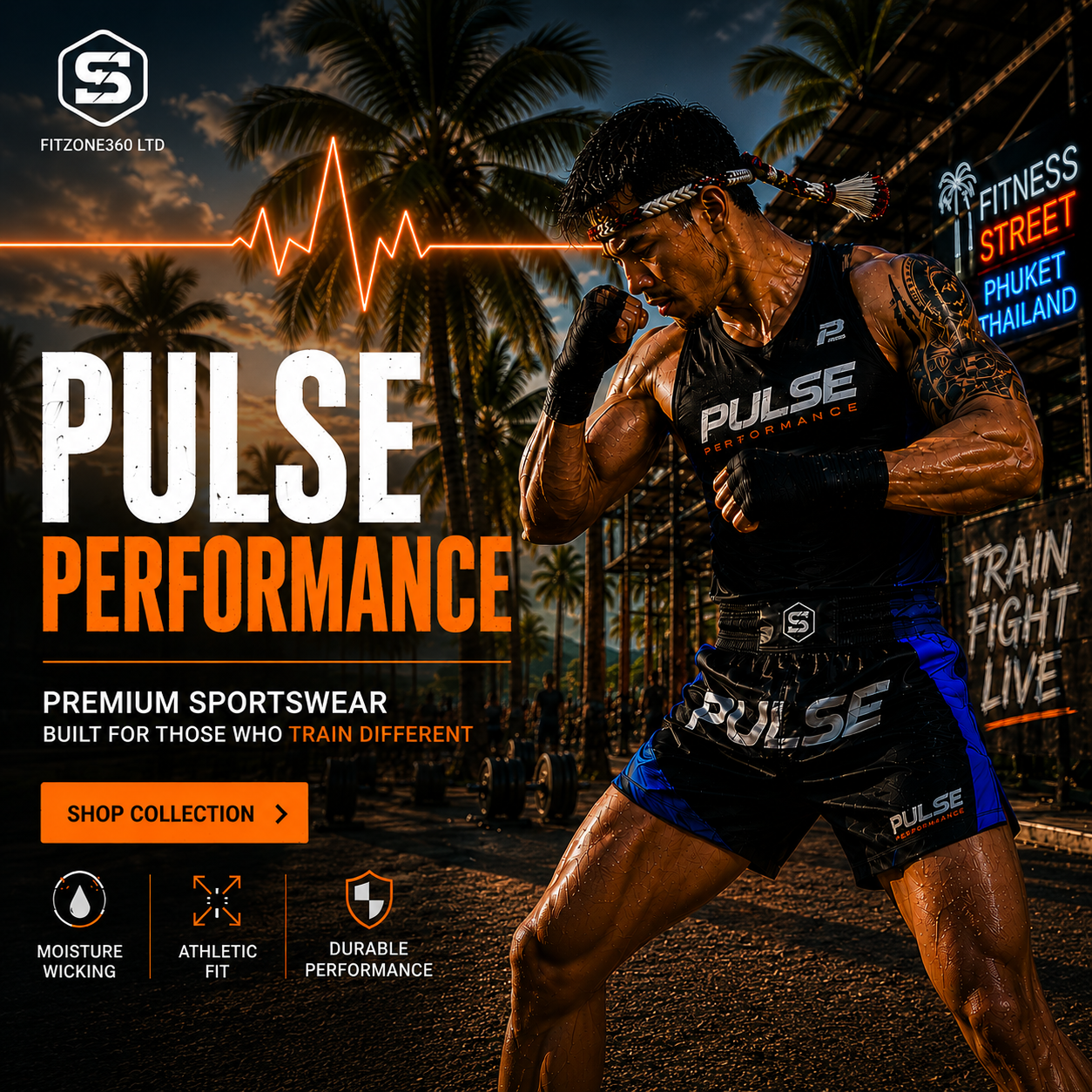 Athlete in Pulse Performance gear with sunset and palm trees in the background