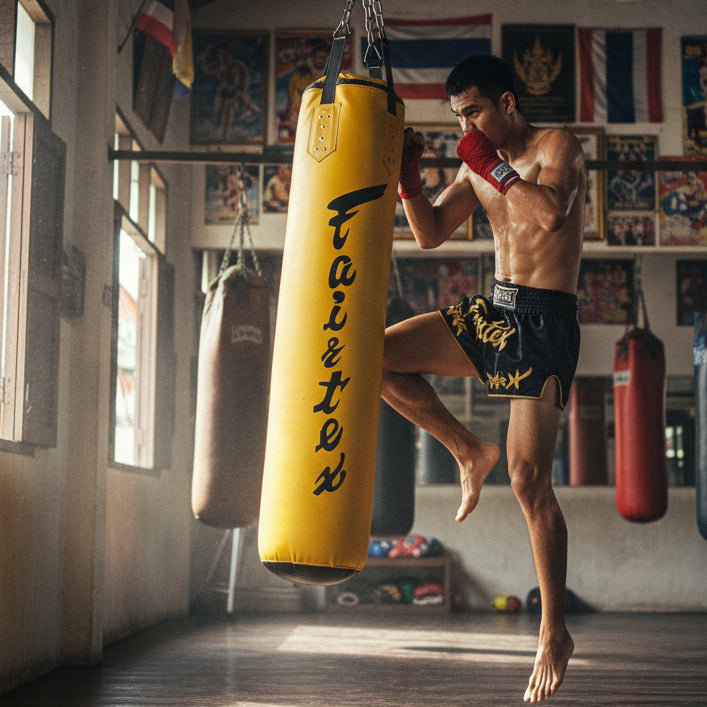 Yellow punching bag with 'Taintex' branding on a white background