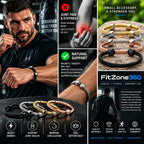 Promotional collage for FitZone360 magnetic therapy bracelets, showing a bearded man in athletic wear, close-ups of several bracelets on wrists, and feature callouts for pain relief, support, energy, and circulation. Multiple bracelet colorways are displayed, including black, rose gold, copper, and gold-toned versions with silver-toned metal ends and decorative beads.
