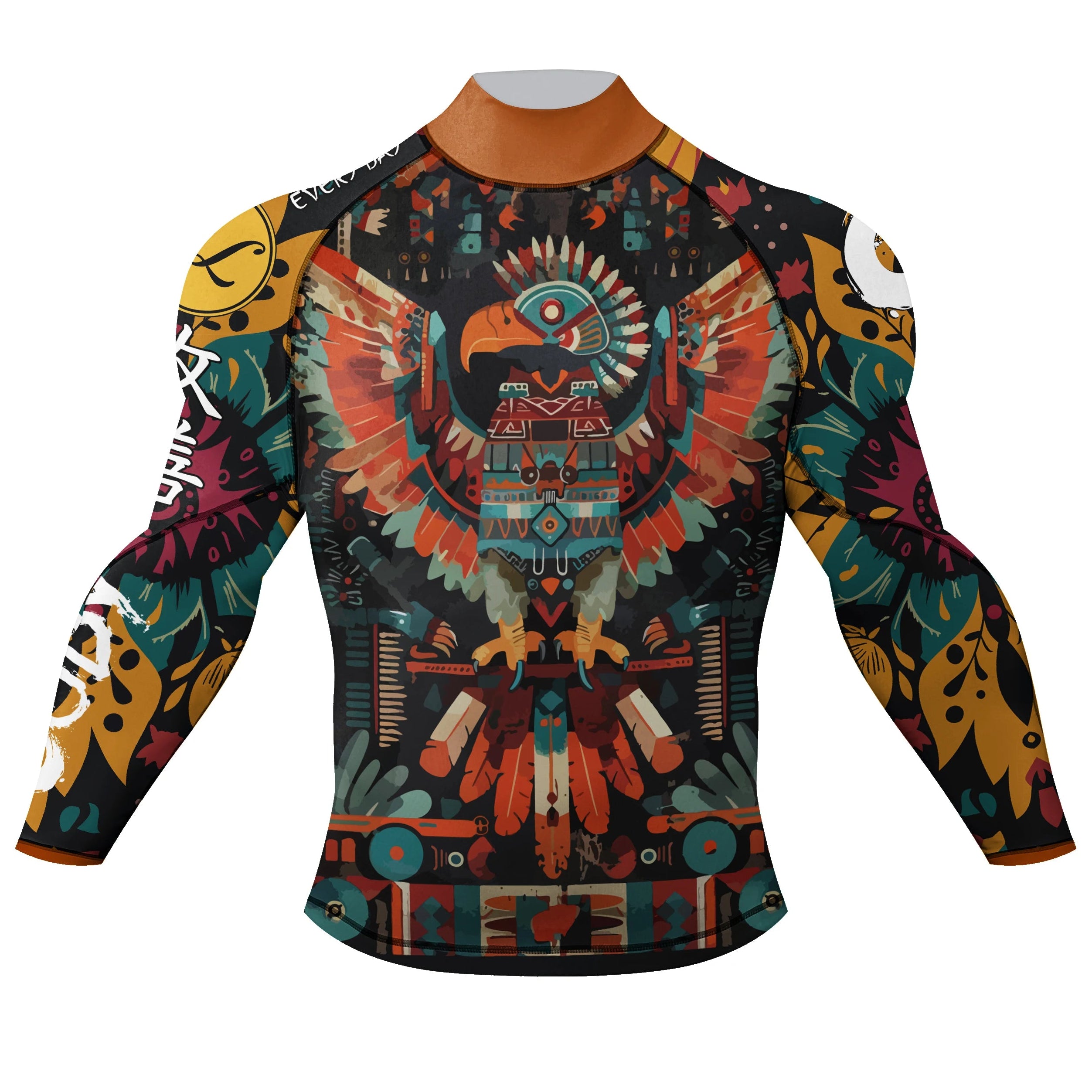 Colorful long-sleeve shirt with an eagle design on a white background