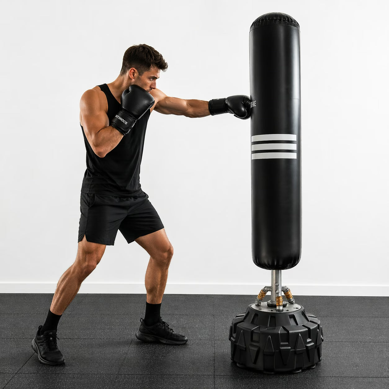 Man in black athletic wear and gloves punching a black punching bag with white stripes on a gray floor.