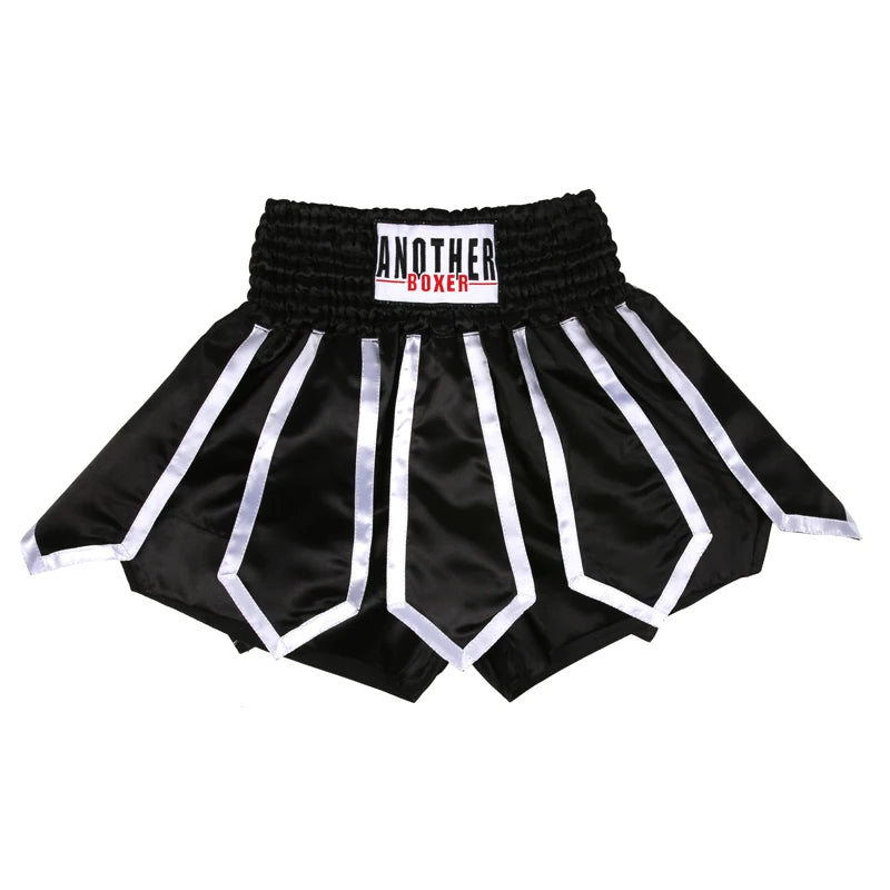 Black boxing shorts with white striped chevron patterns and a black elastic waistband featuring a white 'ANOTHER BOXER' brand label.
