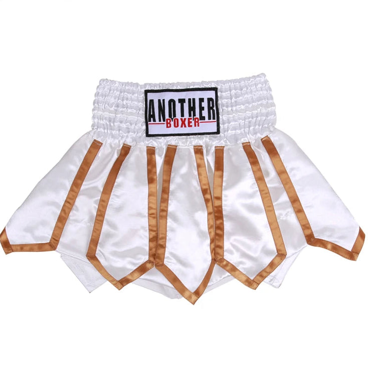 White satin fight shorts with gold trim and a black, white, and red 'ANOTHER BOXER' patch on the waistband, shown against a plain white background.