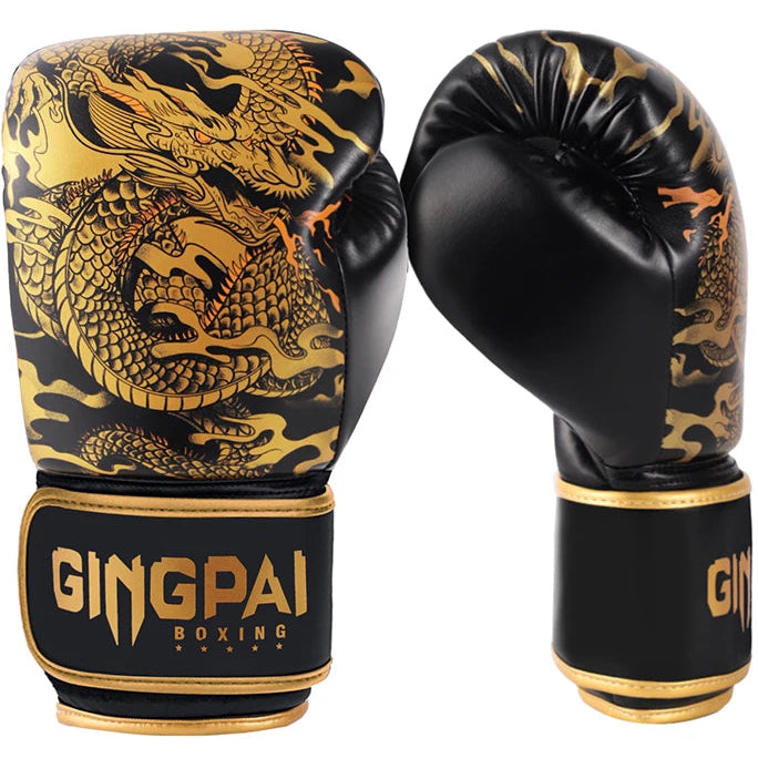 Black and gold boxing gloves with dragon design and Gingpai branding on a white background