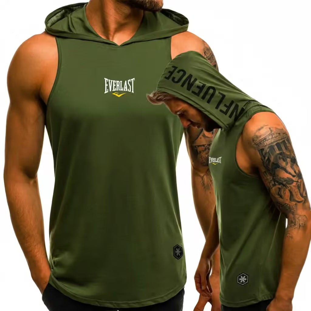 An olive green Everlast sleeveless hooded muscle tank top shown on a model from two angles: one facing forward and one looking down with the hood up. The front features the white and yellow Everlast logo on the chest, and the hood on the back displays the word 'INFLUENCE' in black.