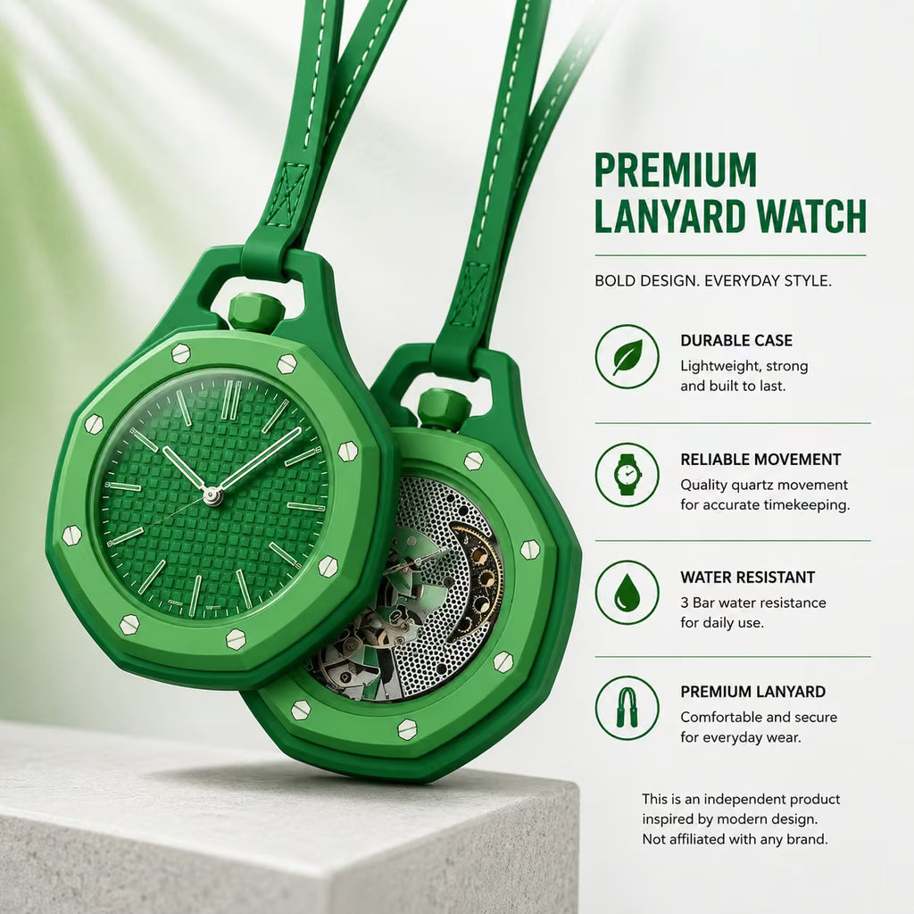 Green lanyard watch with detailed features on a white background