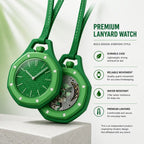 Green lanyard watch with detailed features on a white background