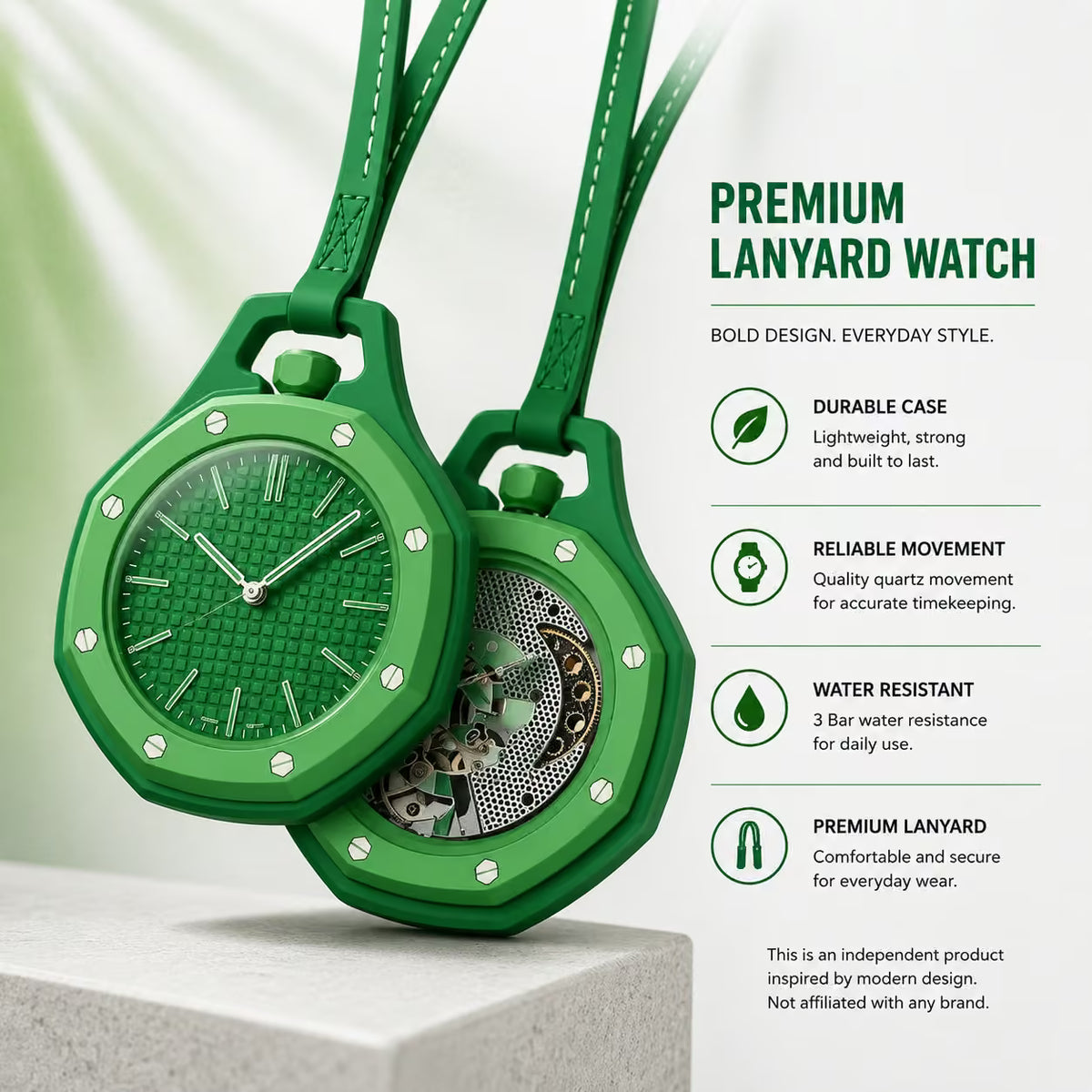 Green lanyard watch with detailed features on a white background