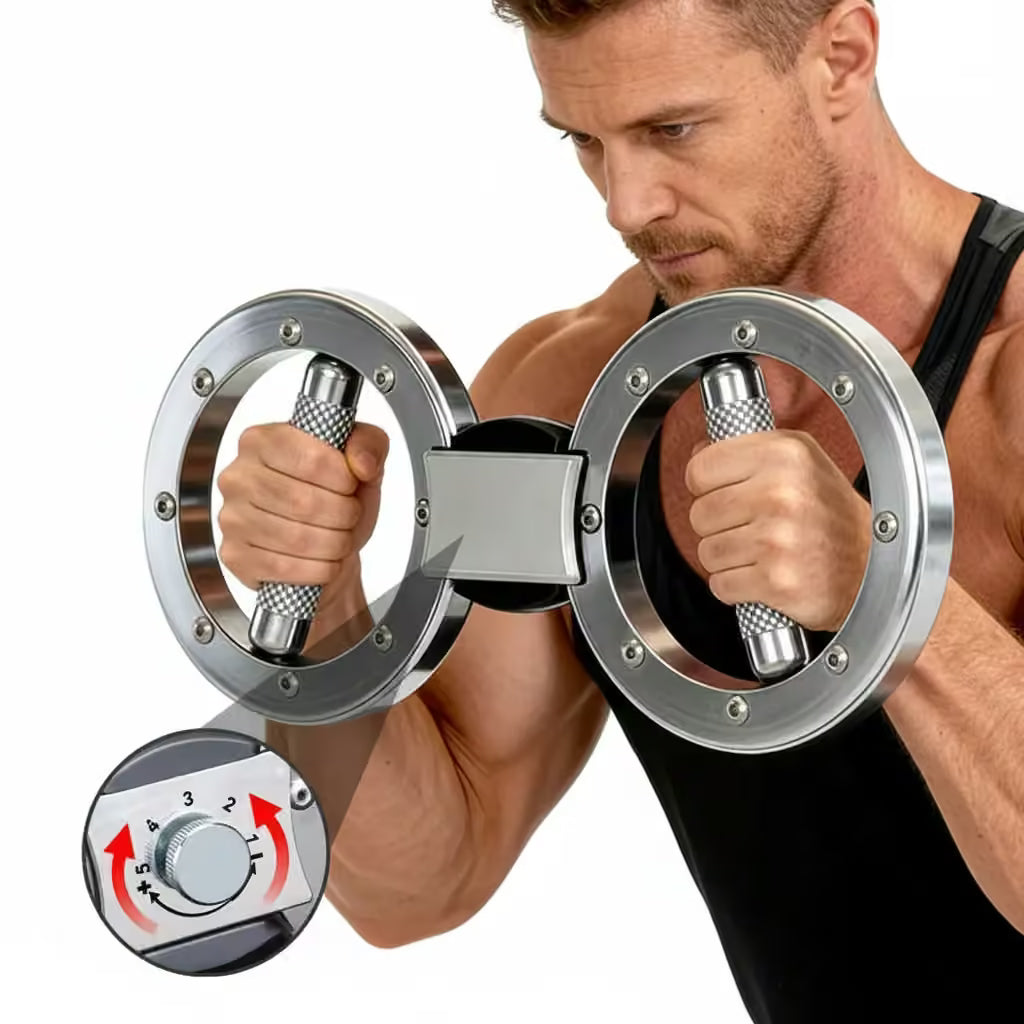 Man using a unique exercise device with circular handles and a digital display.