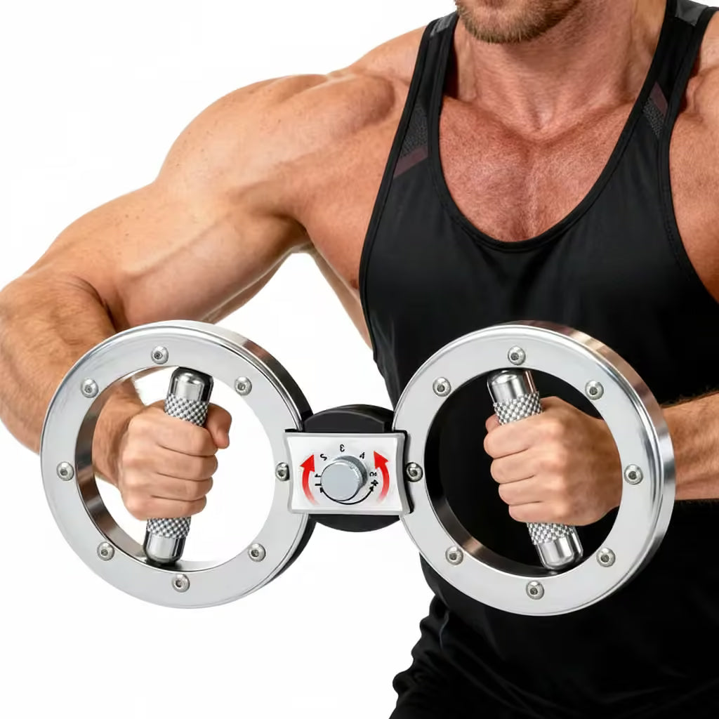 Person holding a unique weightlifting device with circular handles and weights.