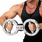 Person holding a unique weightlifting device with circular handles and weights.