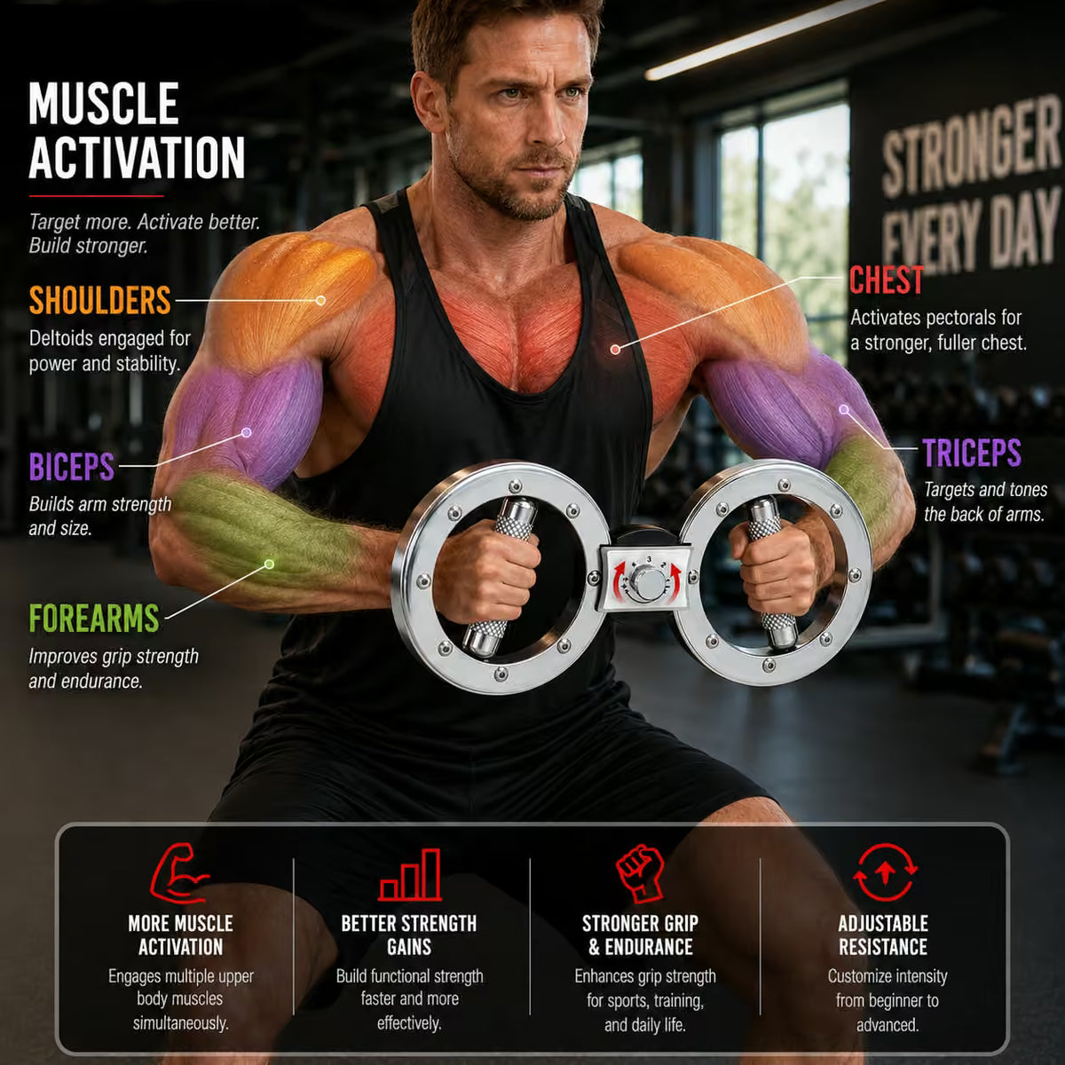 A man in a gym holding a dual-handle forearm exercise device, with colorful muscle labeling pointing to shoulders, biceps, forearms, triceps, and chest. Text on the image explains muscle activation and benefits.